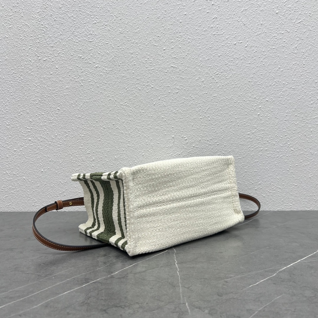 Celine Small Cabas Thais In Striped Textile And Calfskin Cream/Green 199162